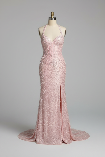 Pink beaded prom dress with pearls and crystals - front view