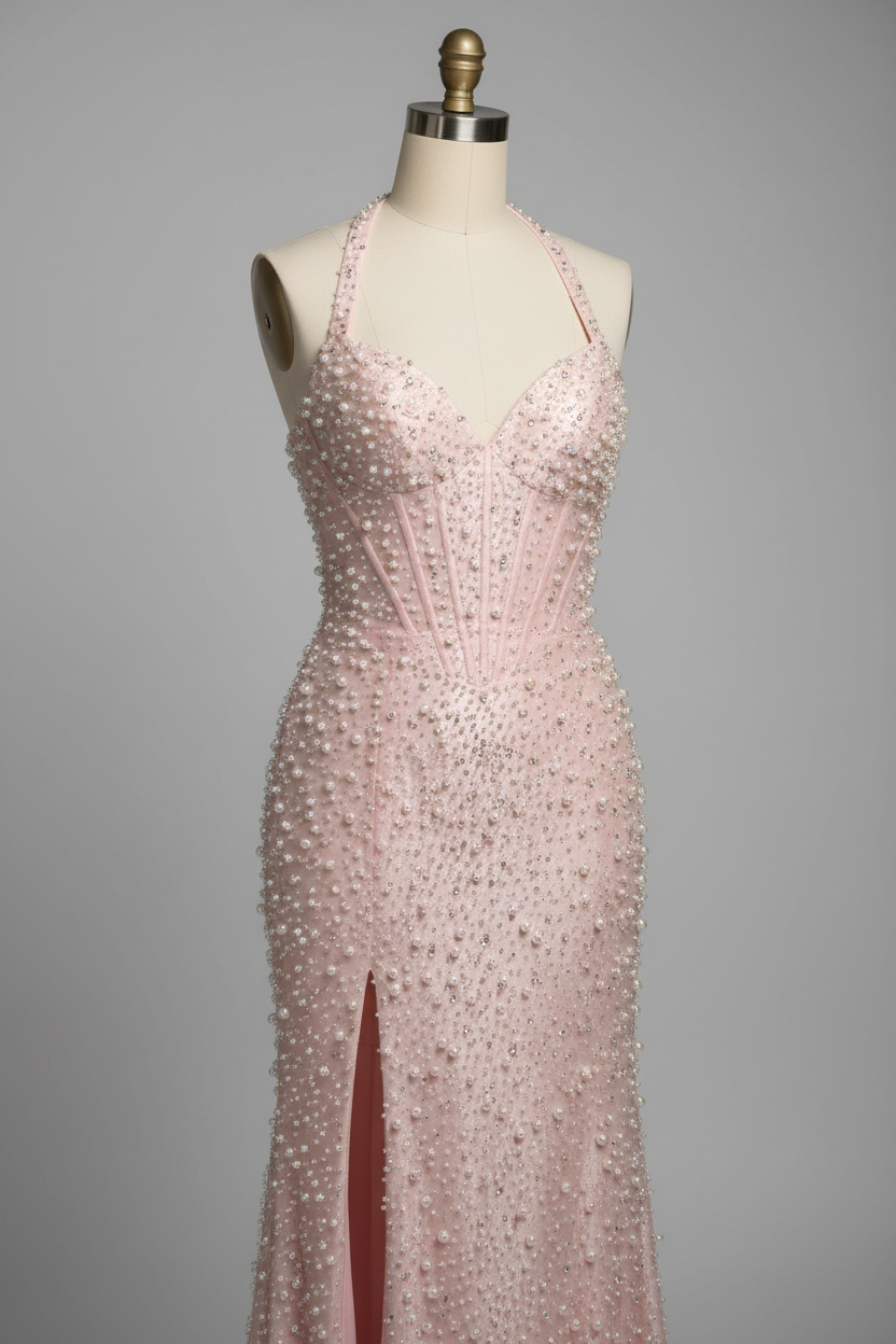 Pink beaded prom dress - beading detail