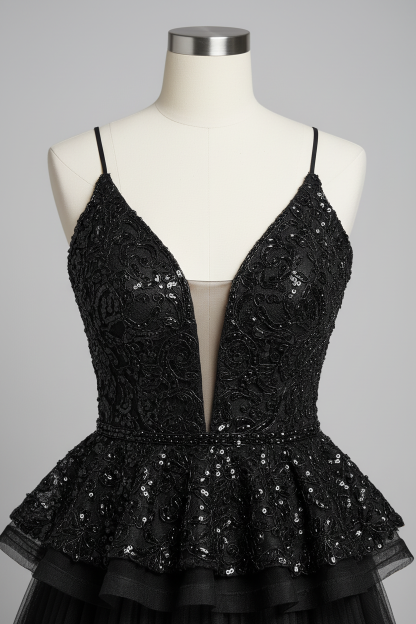 Black embellished lace tiered ruffle evening gown - bodice detail