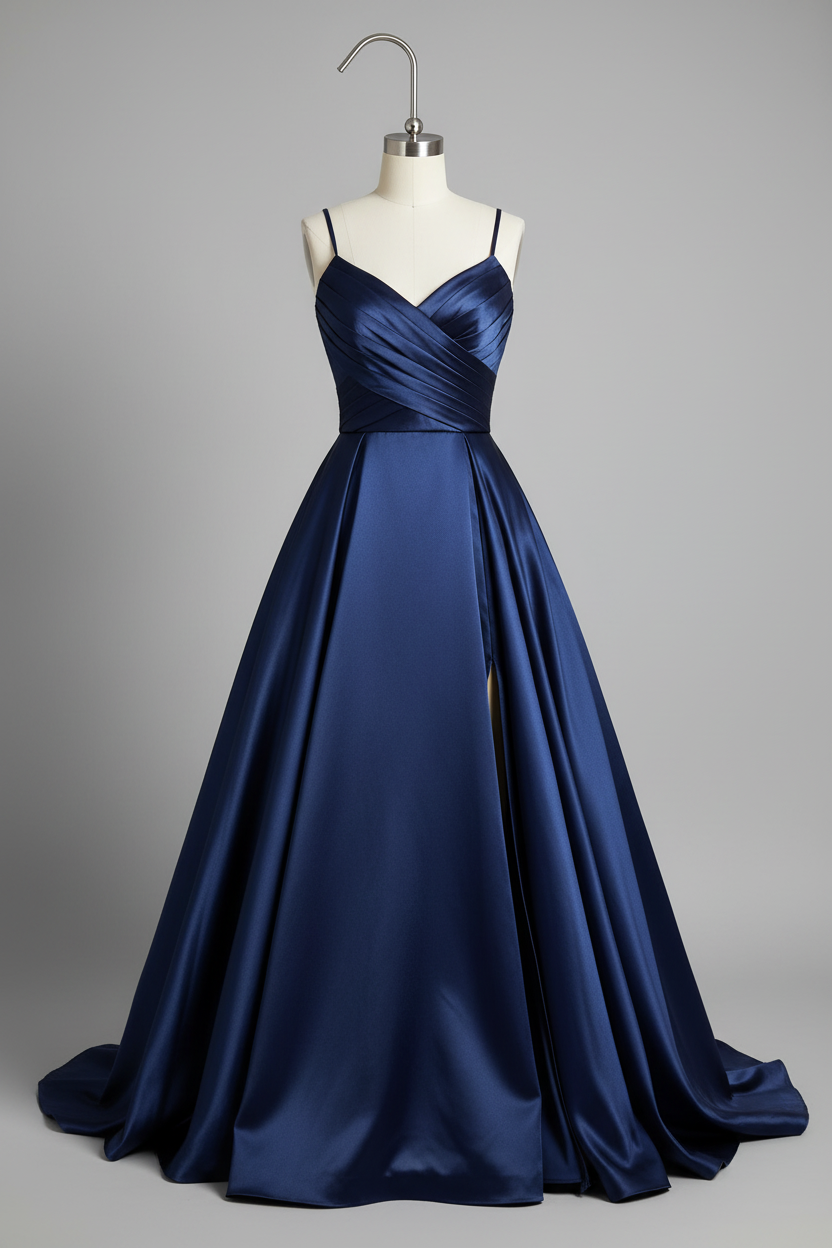 Navy blue satin sweetheart crisscross high slit A-line bridesmaid dress - front view