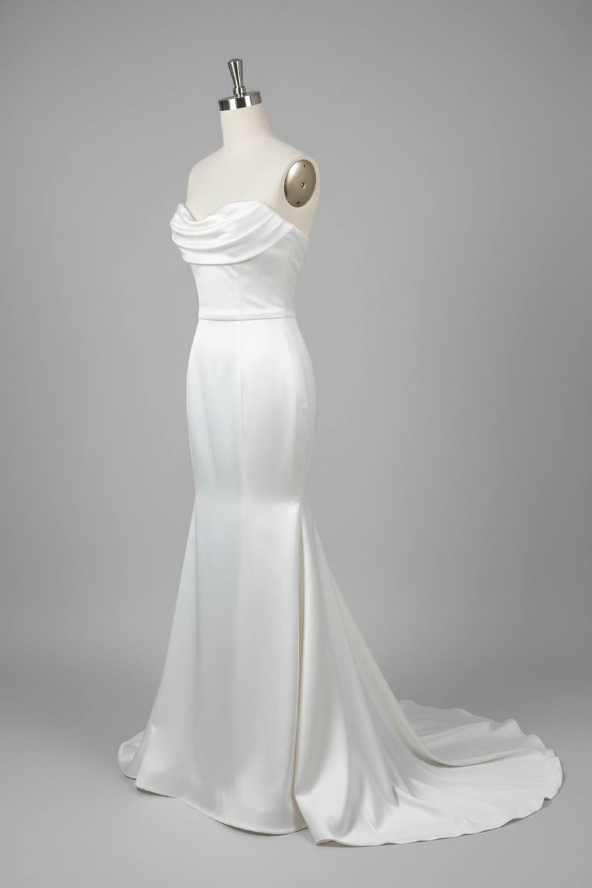White satin cowl neck mermaid wedding dress - side view