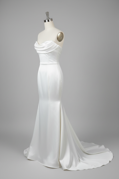 White satin cowl neck mermaid wedding dress - side view