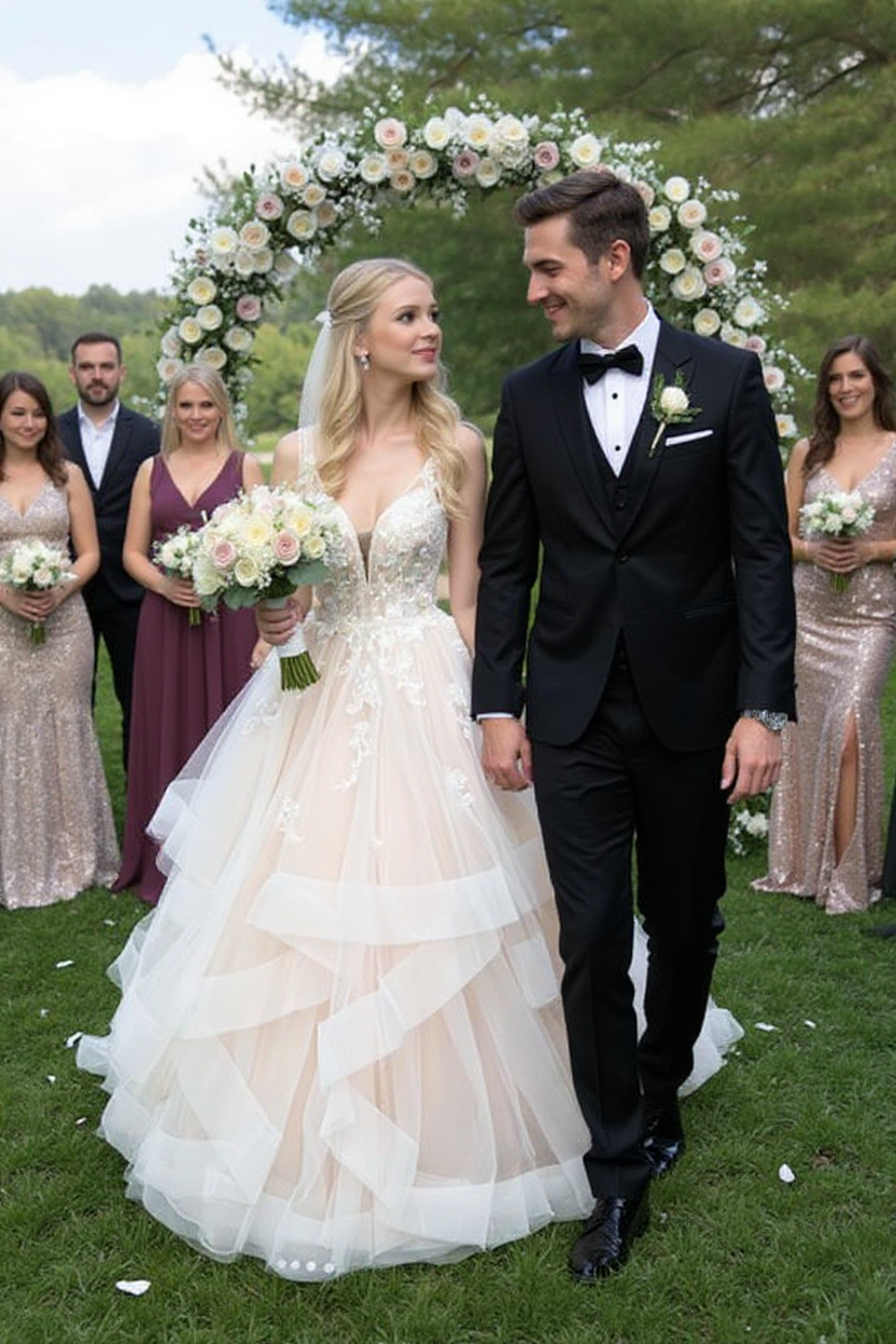 White Tulle V Neck Open Back Long Layered Wedding Dress-BMbridal