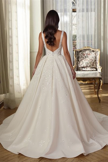 White V-neck Sleeveless Sequined Split Wedding Dress With Train