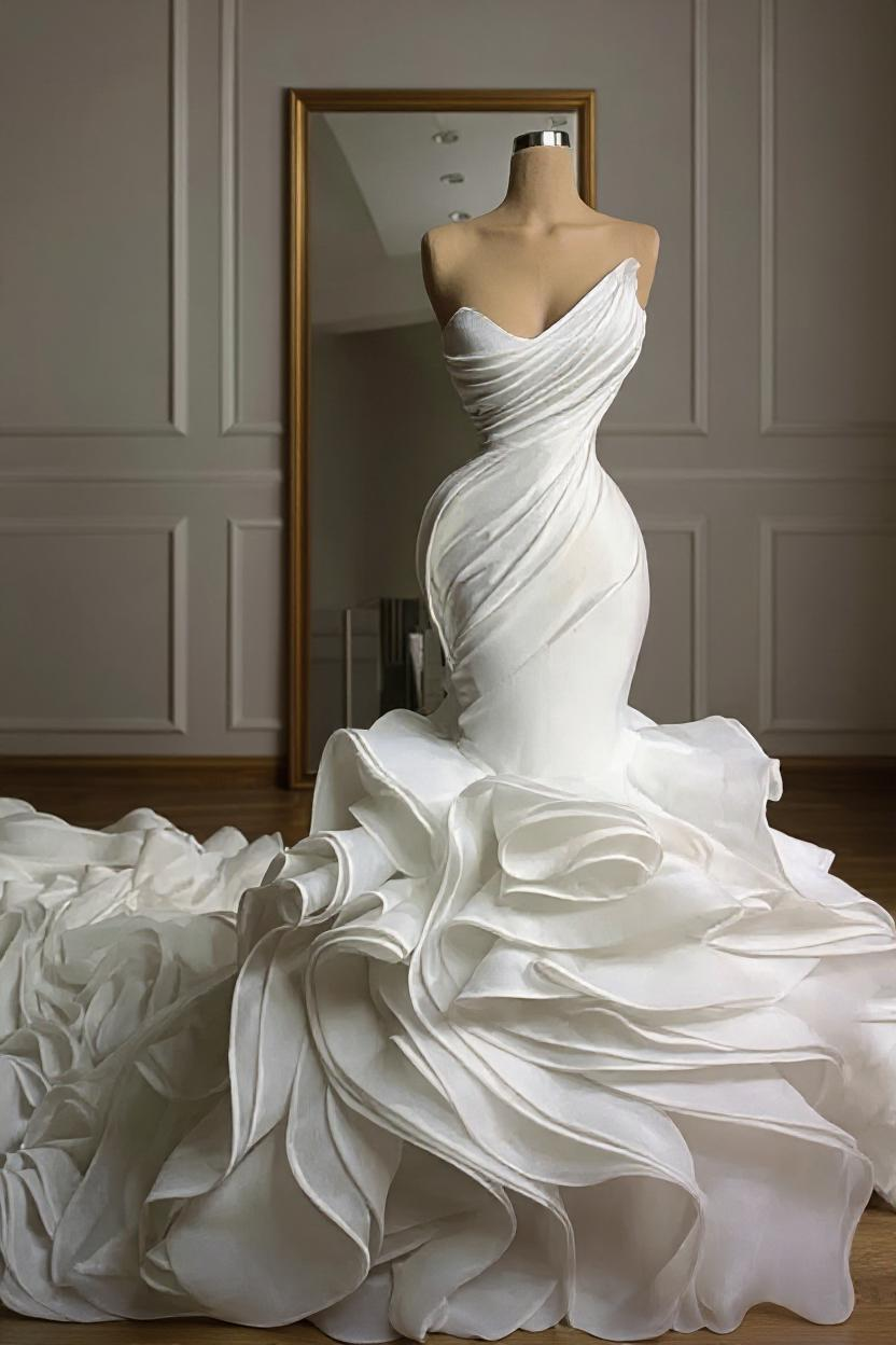 Stunning Strapless Organza Tiered Piping Mermaid Wedding Dress-BMbridal