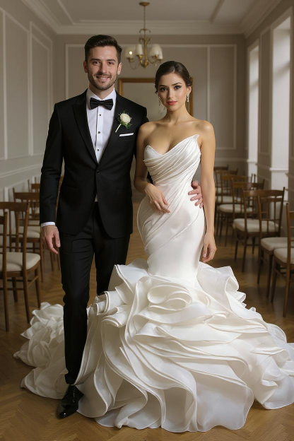 Stunning Strapless Organza Tiered Piping Mermaid Wedding Dress-BMbridal