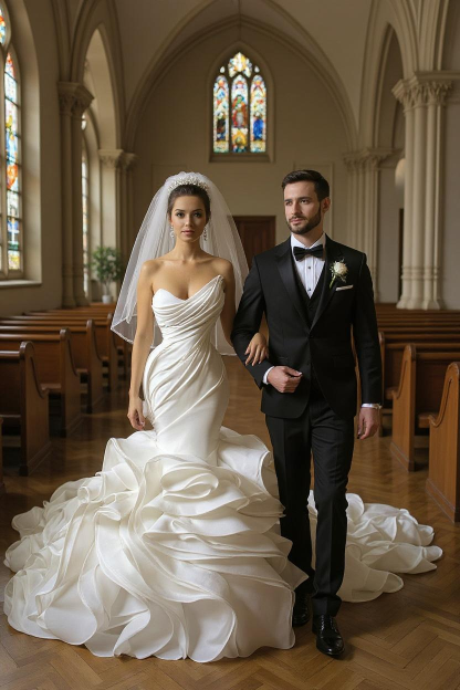 Stunning Strapless Organza Tiered Piping Mermaid Wedding Dress-BMbridal