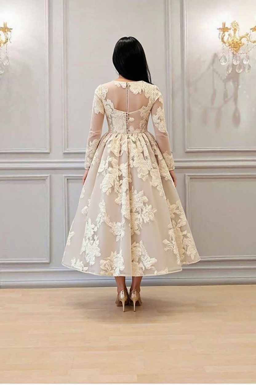 BMbridal Long Sleeves Prom Dress Appliques Tea-Length-BMbridal