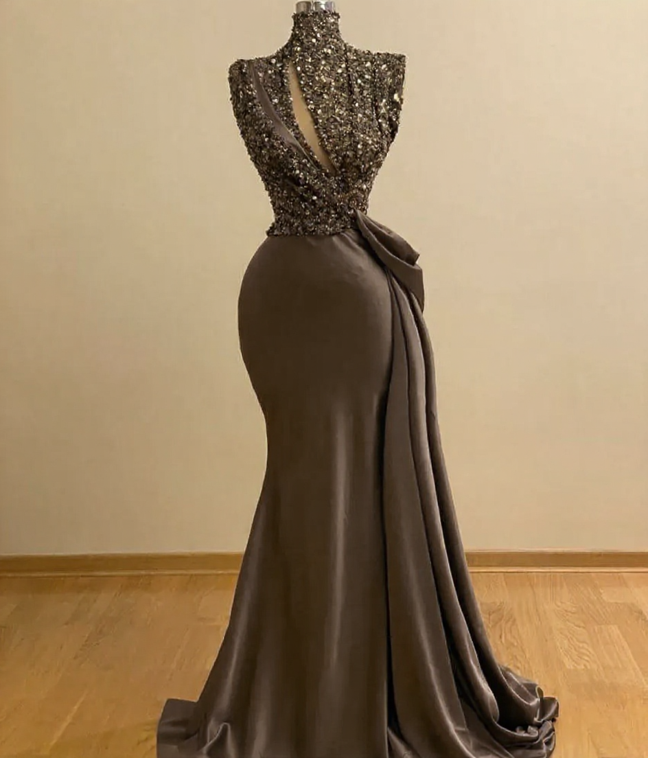 BMbridal High Neck Mermaid Prom Dress Sequins With Ruffle-BMbridal