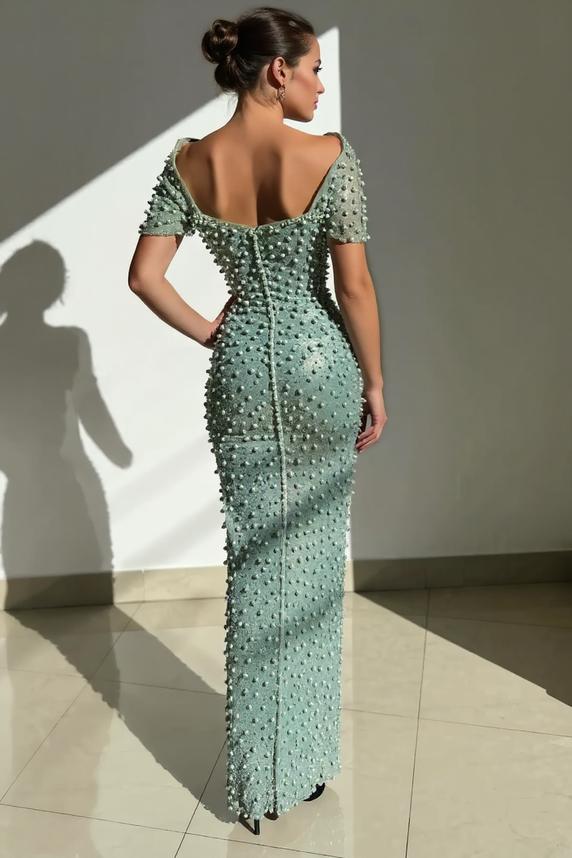 Off-the-Shoulder Pearls Prom Dress Mermaid Long With Beads-BMbridal