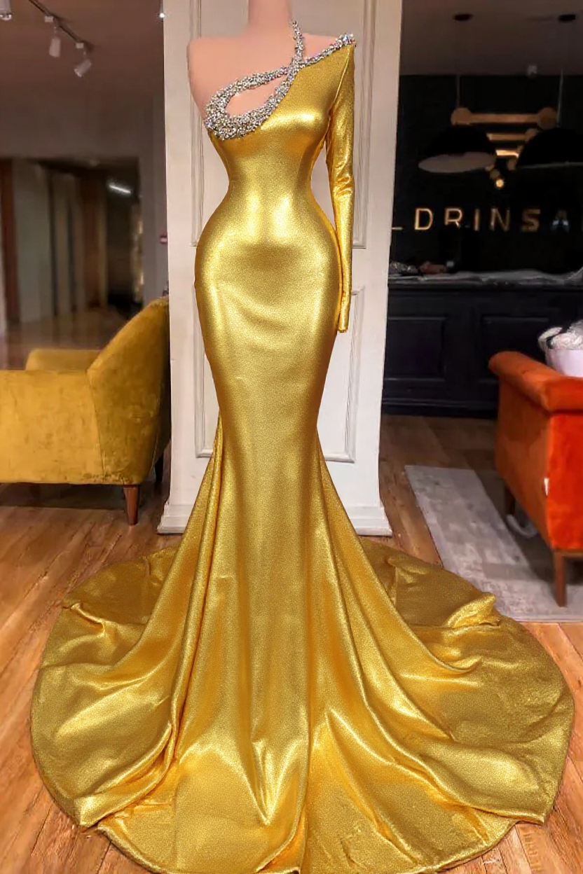 Bmbridal One Shoulder Long Sleeves Prom Dress Black Mermaid With Beads-BMbridal