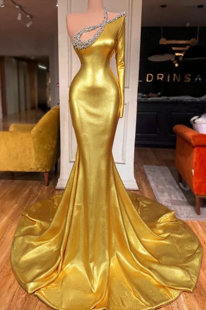 Bmbridal One Shoulder Long Sleeves Prom Dress Black Mermaid With Beads-BMbridal