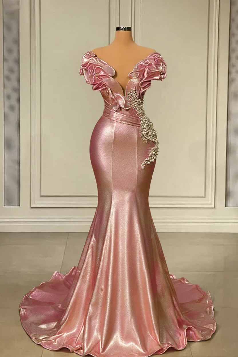 Designer White Long Pearl Ruffle Evening Dresses-BMbridal