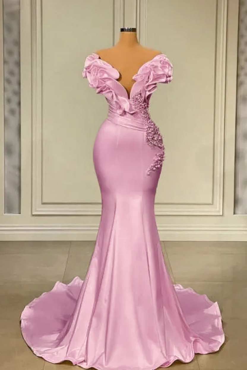 Designer White Long Pearl Ruffle Evening Dresses-BMbridal