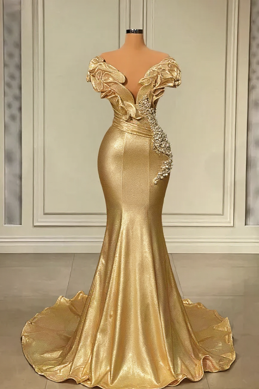 Designer White Long Pearl Ruffle Evening Dresses-BMbridal