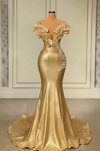 Designer White Long Pearl Ruffle Evening Dresses-BMbridal