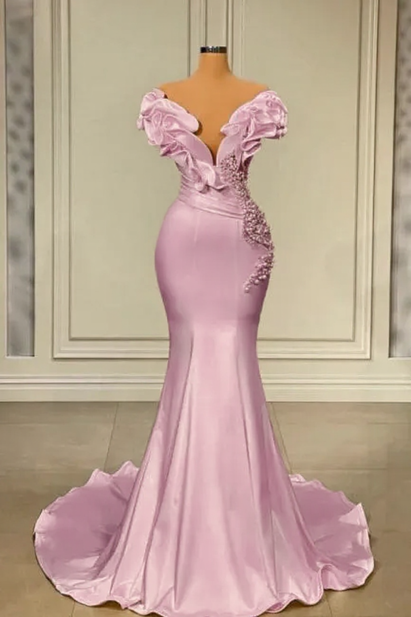 Designer White Long Pearl Ruffle Evening Dresses-BMbridal