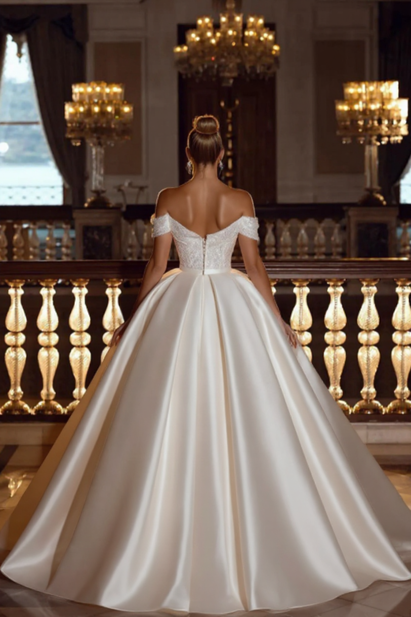 Sparkly Off-the-Shoulder Sequins A-line Bridal Dress with Detachable Sweep Train-BMbridal
