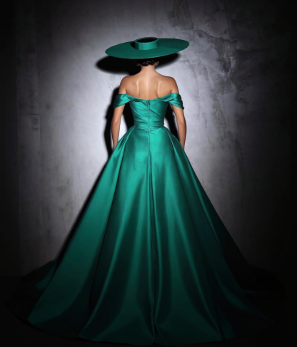 Designer Column Satin Off-The-Shoulder Sleeveless Prom Dress With Ruffles Train