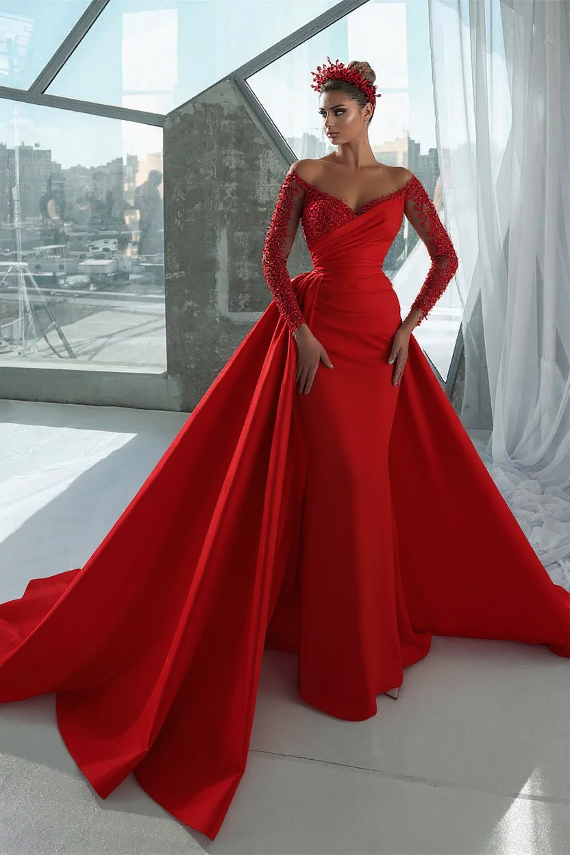 Glamorous Long White Long Sleeves Satin Crystal Wedding Dress With Detachable Train-BMbridal