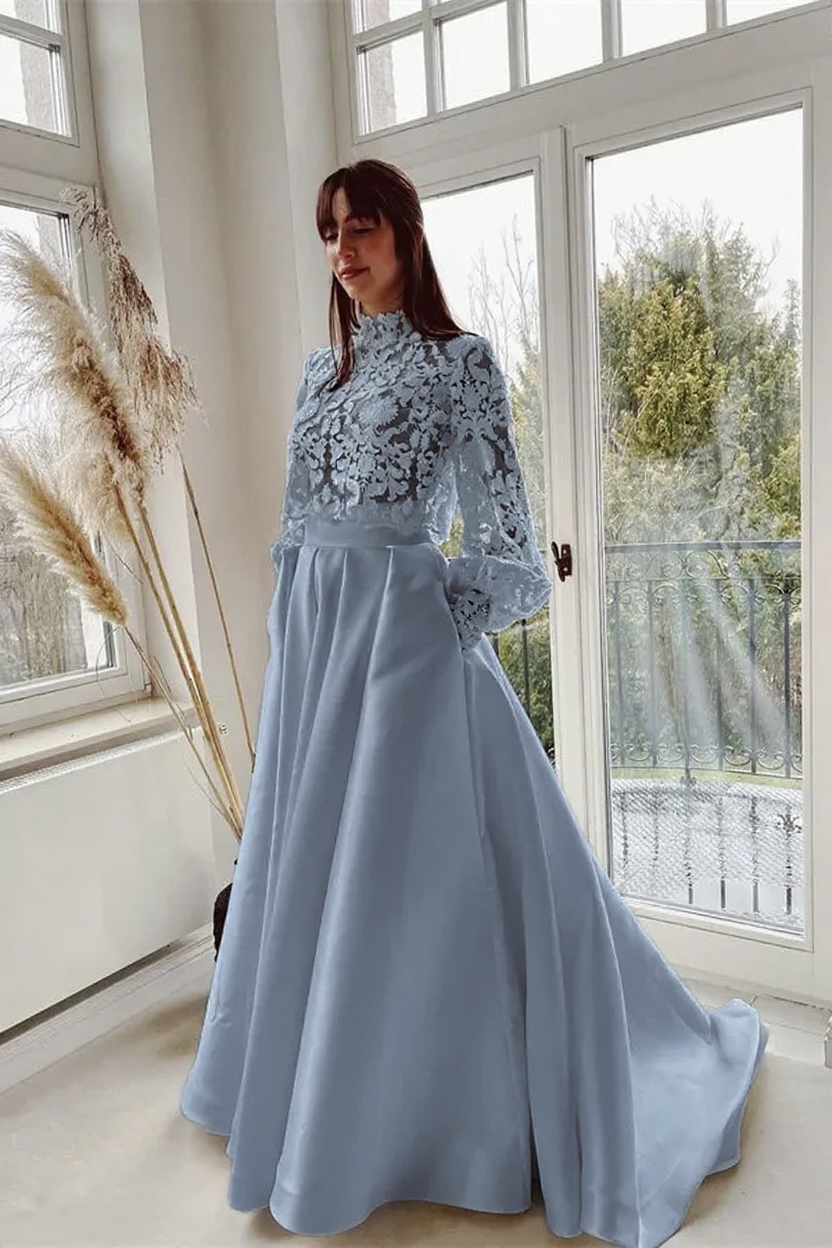 Bmbridal Long Sleeves Bridal Dress Lace Satin Skirt With Pockets-BMbridal