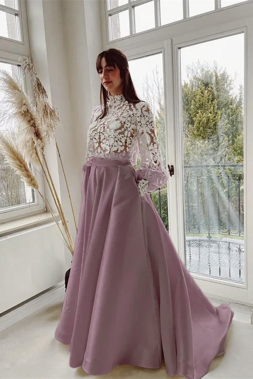 Bmbridal Long Sleeves Bridal Dress Lace Satin Skirt With Pockets-BMbridal