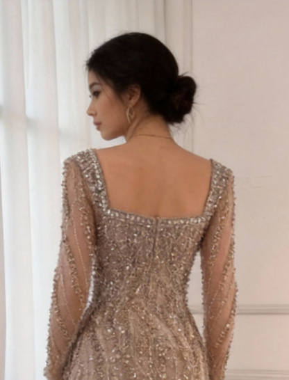 Square Neck Long Sleeves Long Mermaid Prom Dress With Beading Tulle