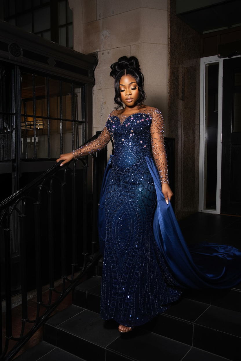 Navy Blue - Illusion Sleeve Beaded Gown