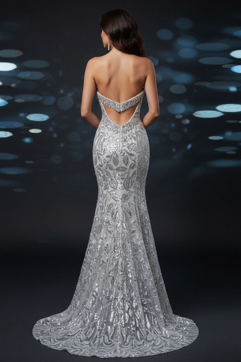 Silver mermaid prom dress back view