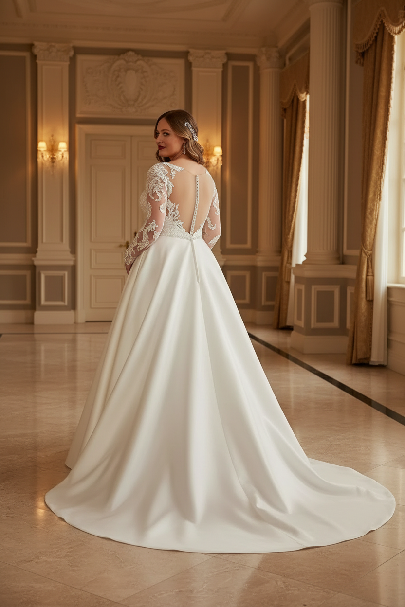 Bride wearing white lace illusion long sleeve V-neck A-line wedding dress - back