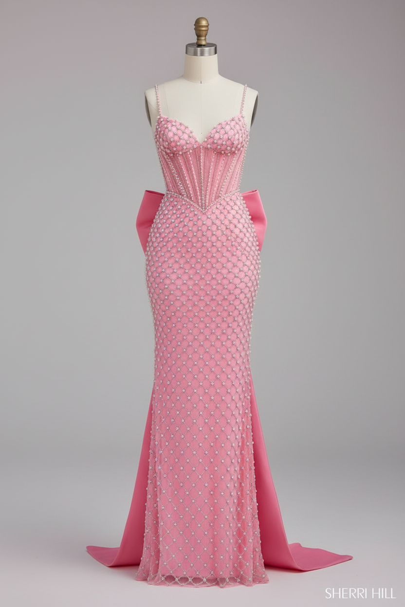 Pink beaded mermaid gown with oversized bow front view