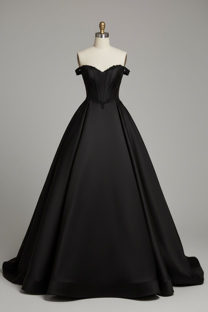 Black A-line ball gown with lace bodice - front view
