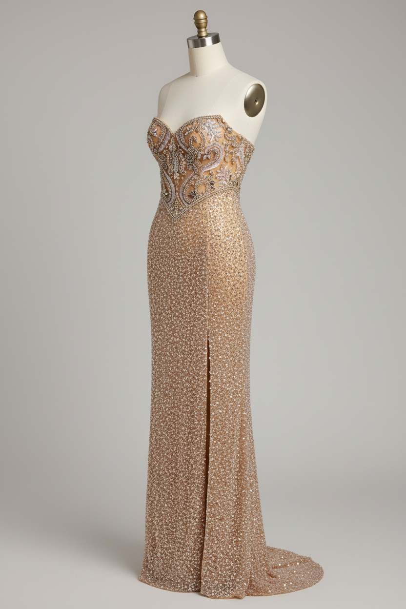 Champagne gold art deco beaded evening gown - side view