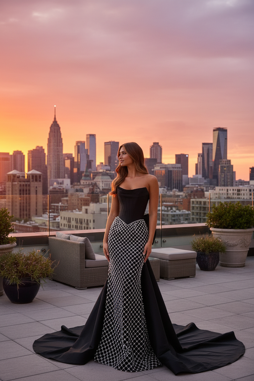 Customer wearing black satin silver lattice beaded evening gown