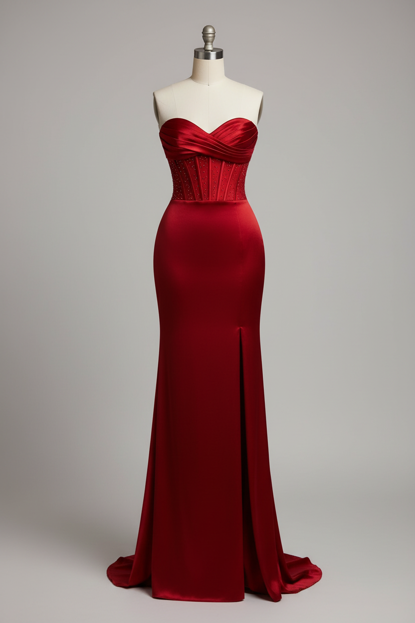 Red crystal beaded fitted evening gown - front view