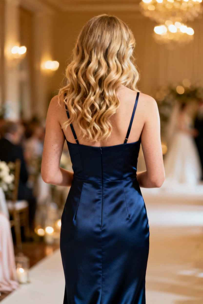 Navy Blue Satin Cowl Neck High Slit Sheath Bridesmaid Dress - 12 Colors Available
