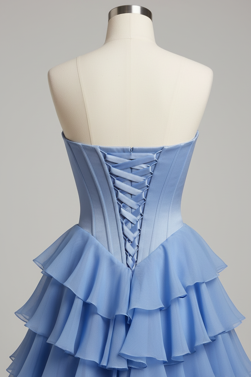 Periwinkle Blue Tiered Ruffle Prom Dress - Strapless Sweetheart Neckline with High Slit