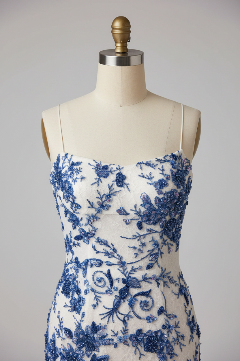 White mermaid prom dress - blue lace bodice detail