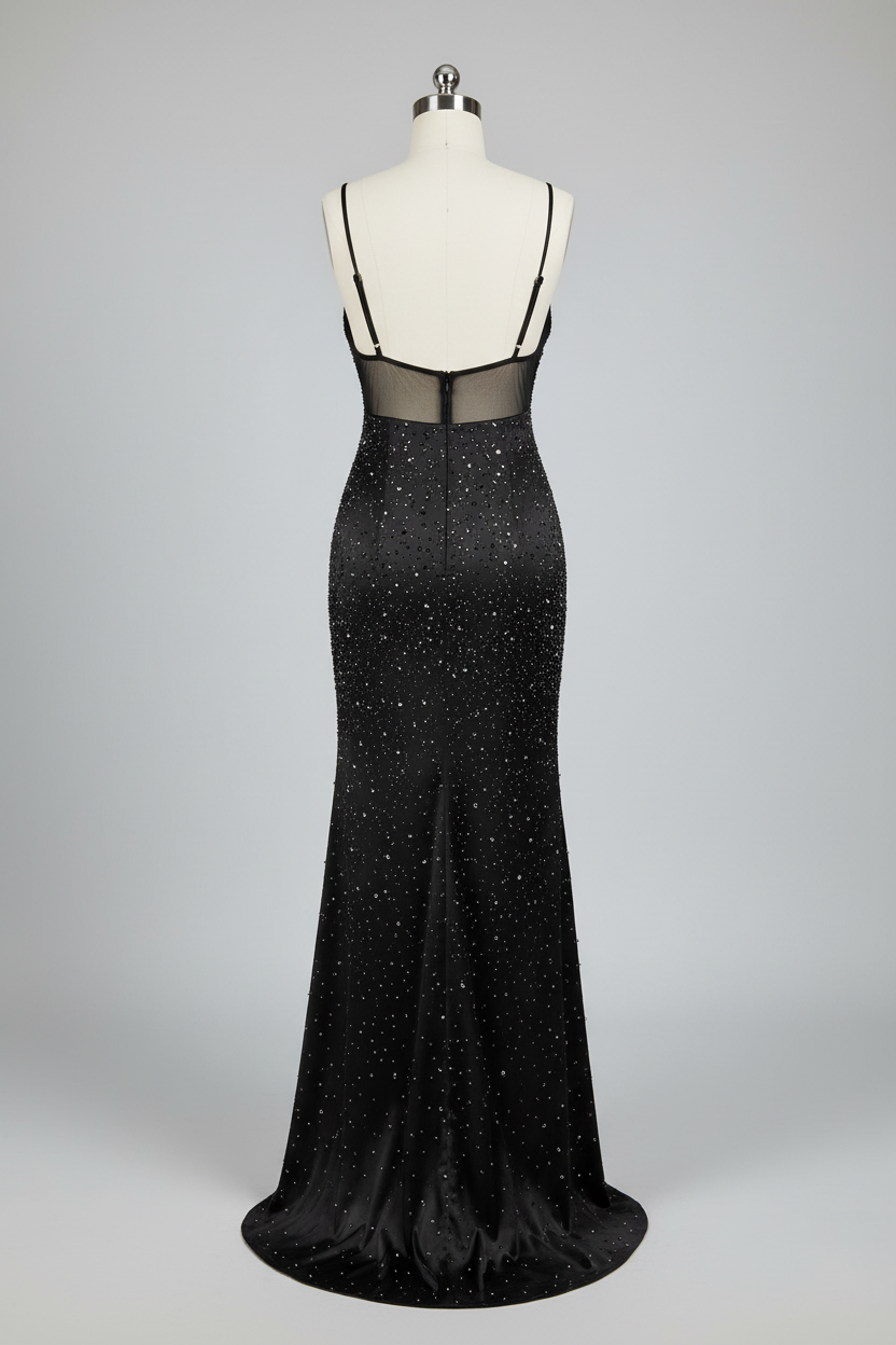 Black sheer mesh crystal beaded fitted evening gown - back view