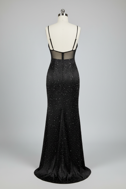 Black sheer mesh crystal beaded fitted evening gown - back view