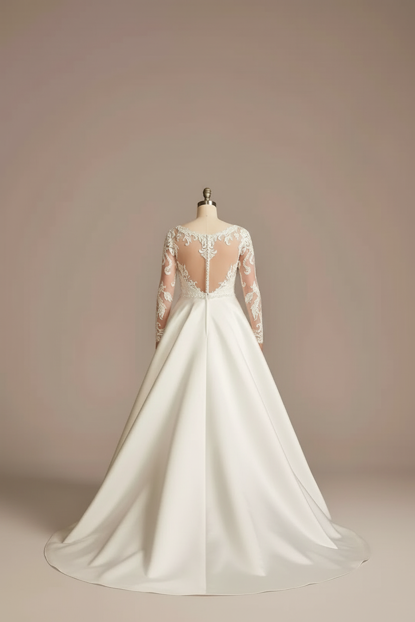 White lace illusion long sleeve V-neck A-line wedding dress - back view