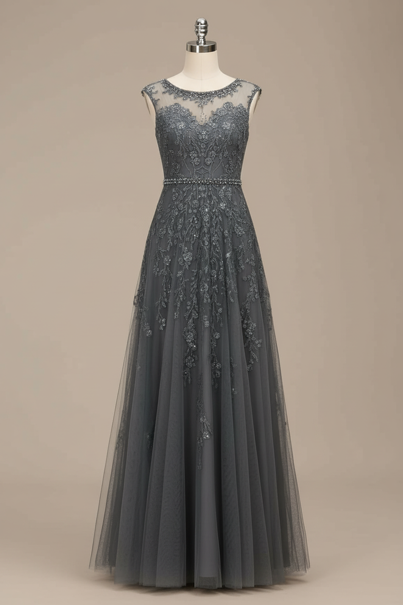 Elegant illusion neckline A-line evening dress - front view on mannequin