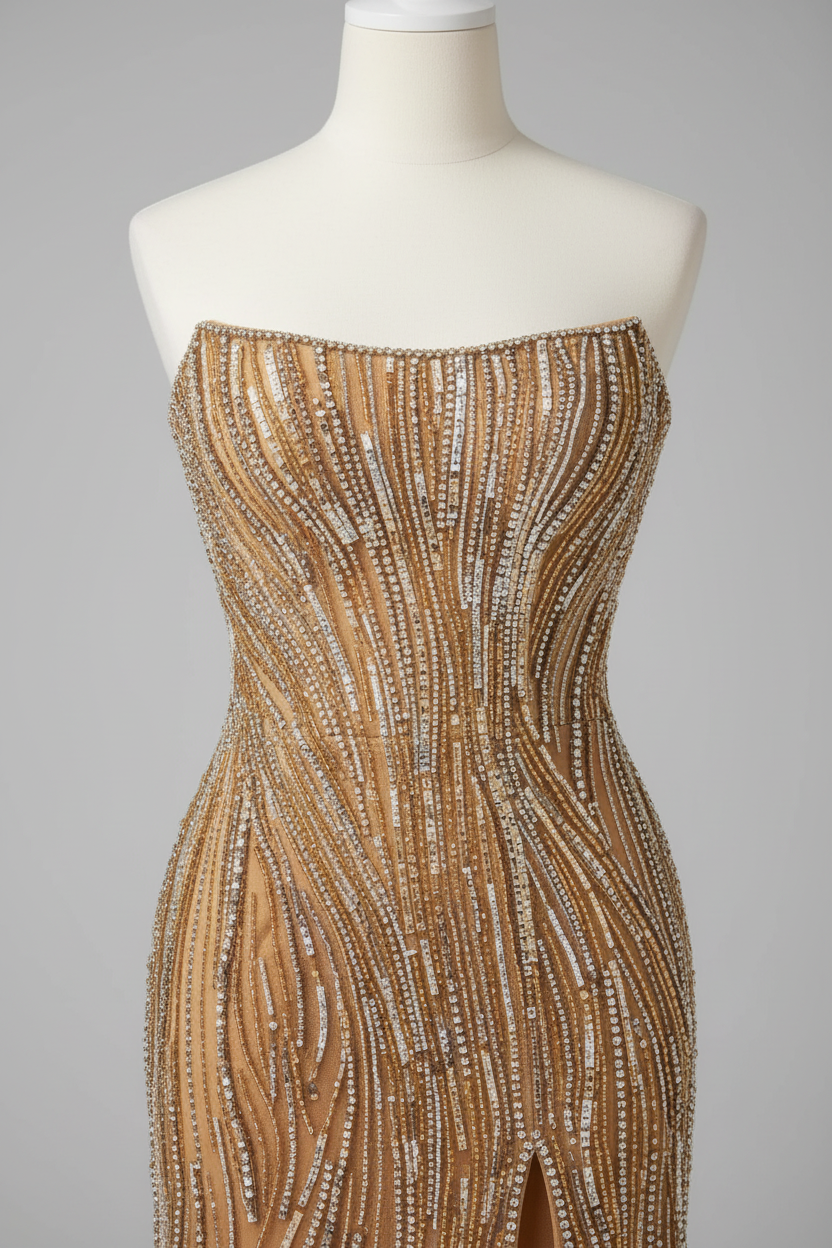 Champagne gold wave beaded strapless evening gown - bodice detail