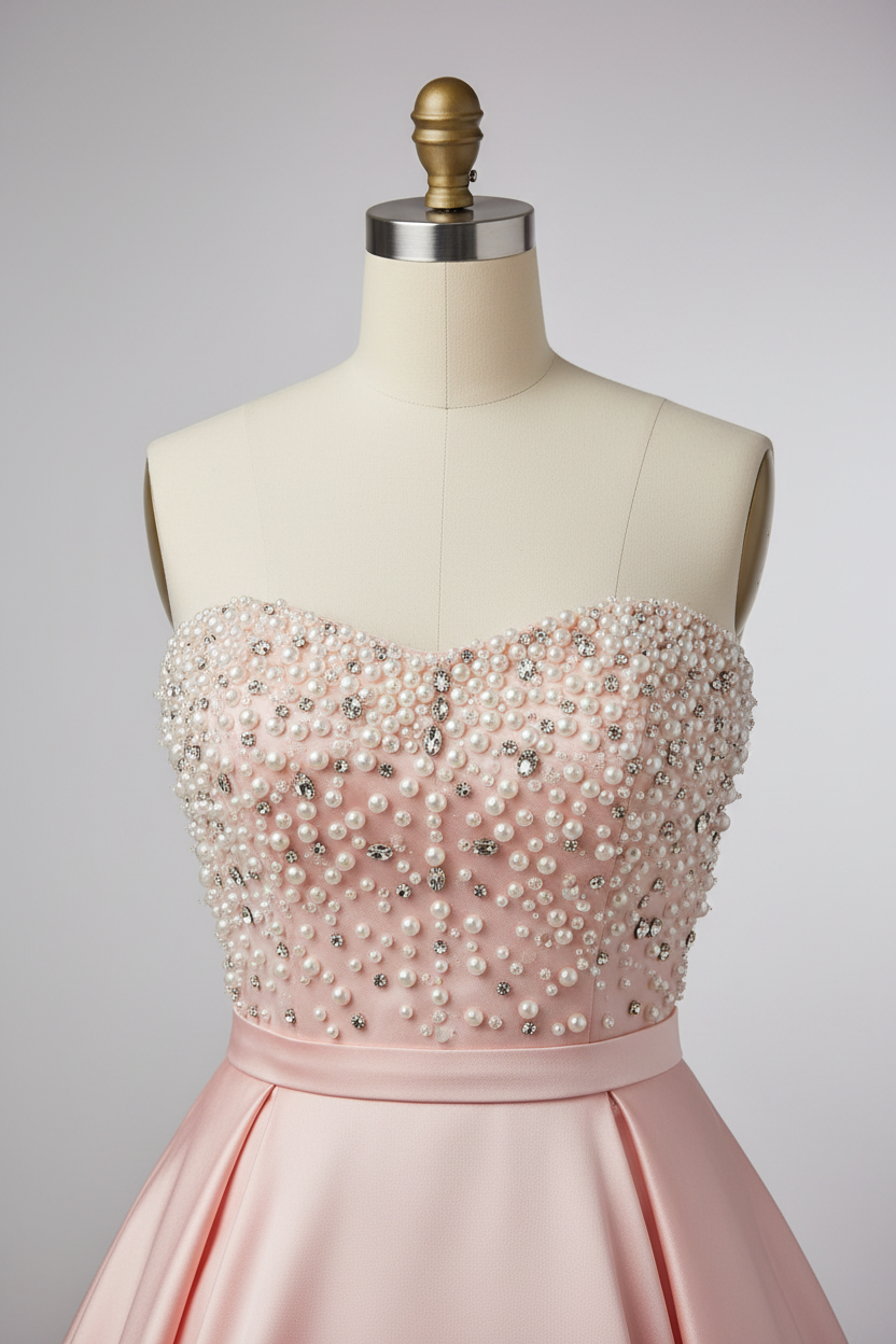 Pink pearl beaded ball gown - crystal bodice detail