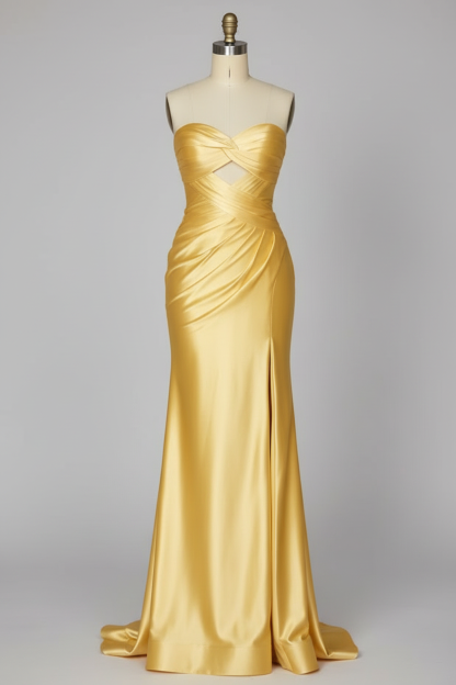 Golden yellow satin prom dress - front view