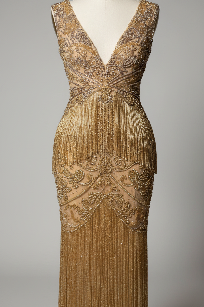 Champagne gold beaded fringe evening gown - waist detail