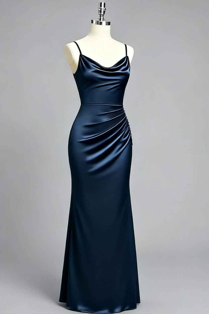 Navy Blue Satin Cowl Neck High Slit Sheath Bridesmaid Dress - 12 Colors Available
