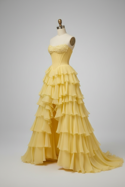 Yellow tiered ruffle ball gown - side view