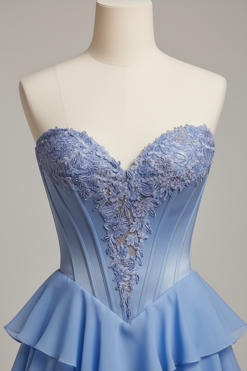 Periwinkle Blue Tiered Ruffle Prom Dress - Strapless Sweetheart Neckline with High Slit
