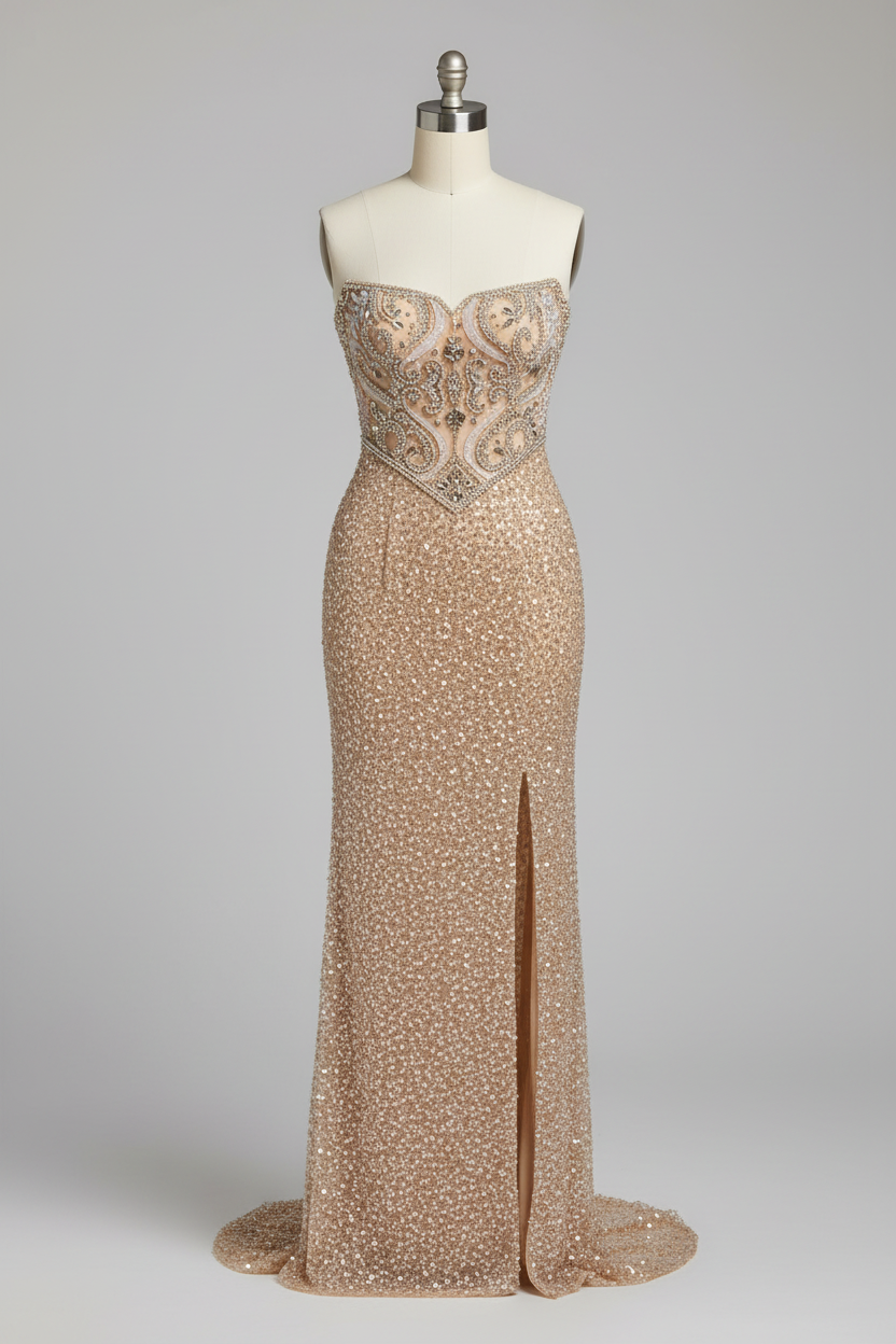 Champagne gold art deco beaded evening gown - front view